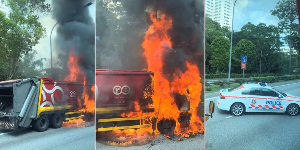 Garbage truck catches fire along BKE, causes congestion as 2 lanes blocked