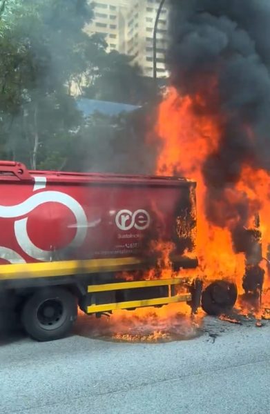 Garbage truck catches fire along BKE, causes congestion as 2 lanes blocked