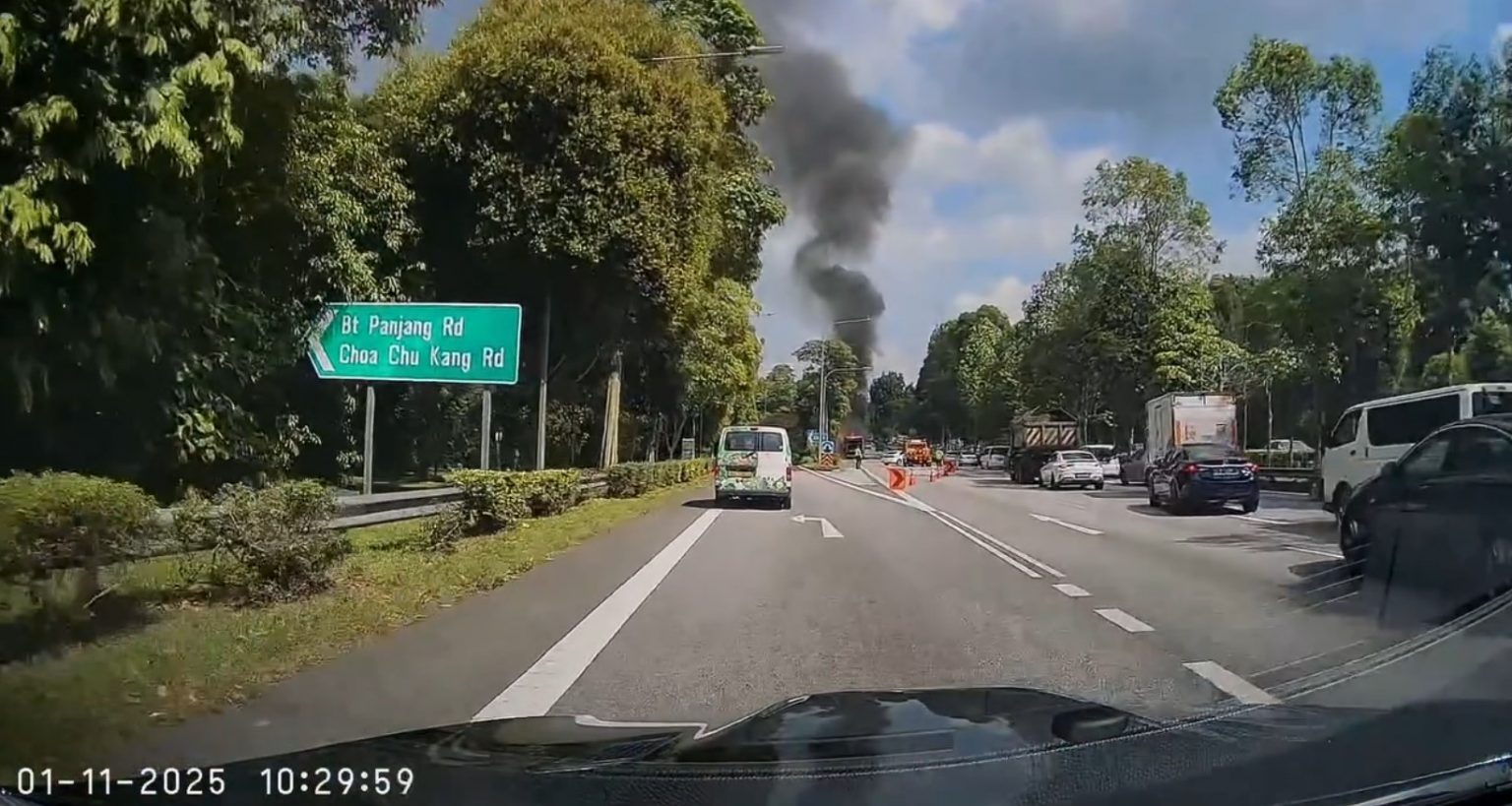 Garbage truck catches fire along BKE, causes congestion as 2 lanes blocked