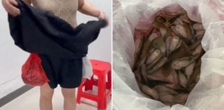 woman smuggle fish under skirt