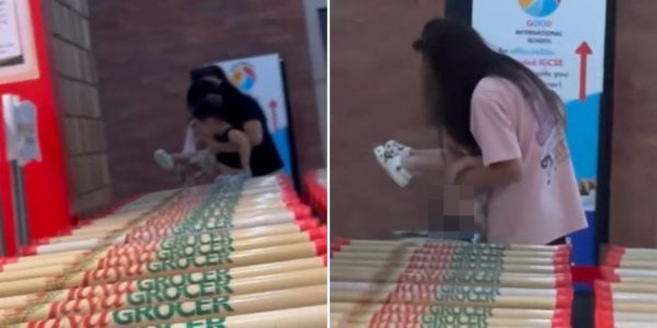 woman children urinate supermarket