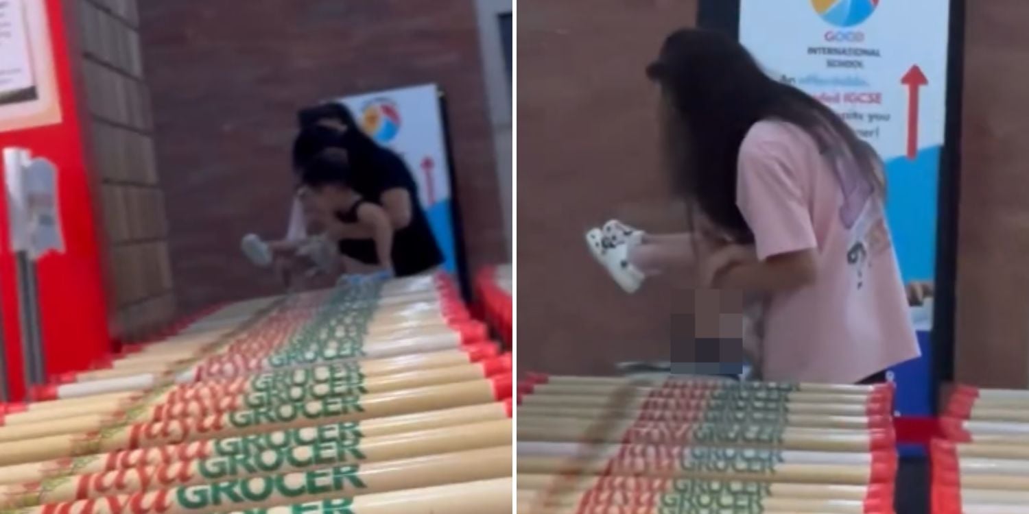 woman children urinate supermarket