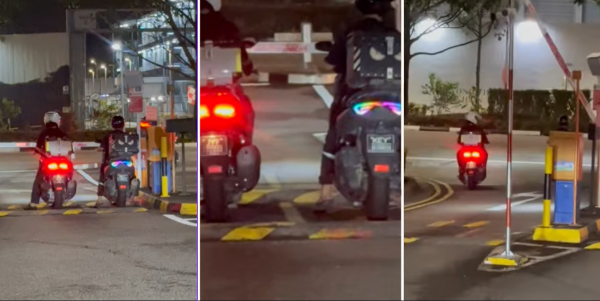 2 motorcyclists with M’sian licence plates seen exiting gantry of Marina Bay carpark simultaneously