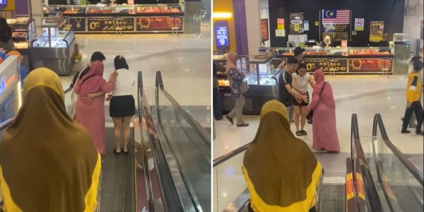 couple support elderly woman travellator