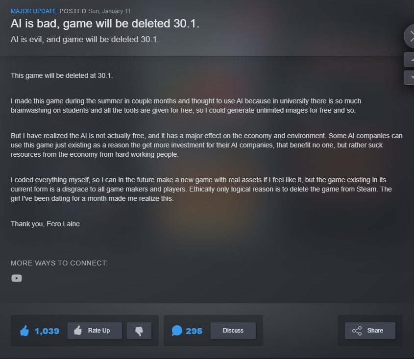 game dev deletes ai announcement