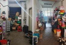 man clutters apartment hallway belongings