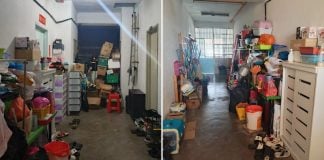 man clutters apartment hallway belongings