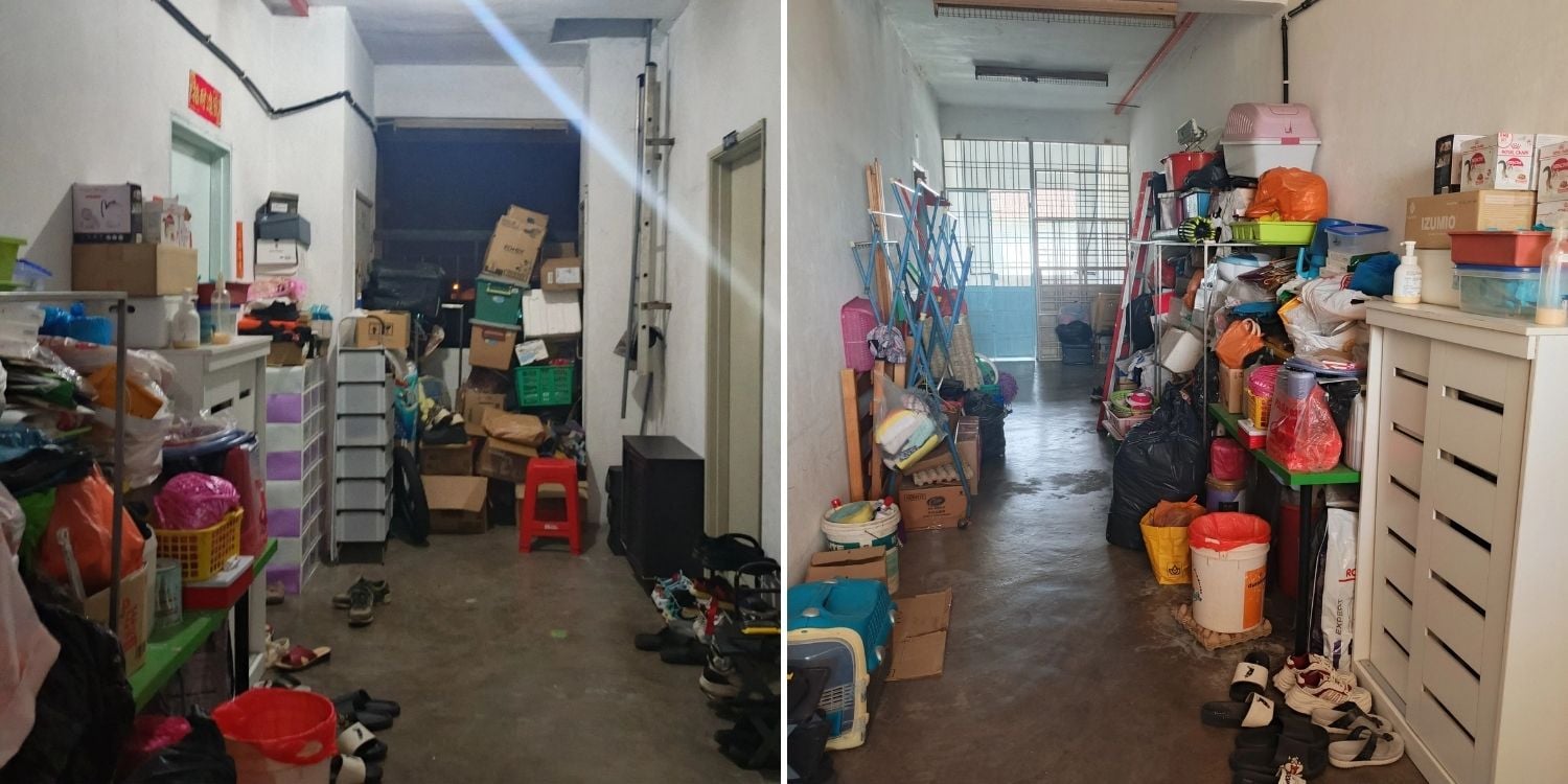 man clutters apartment hallway belongings