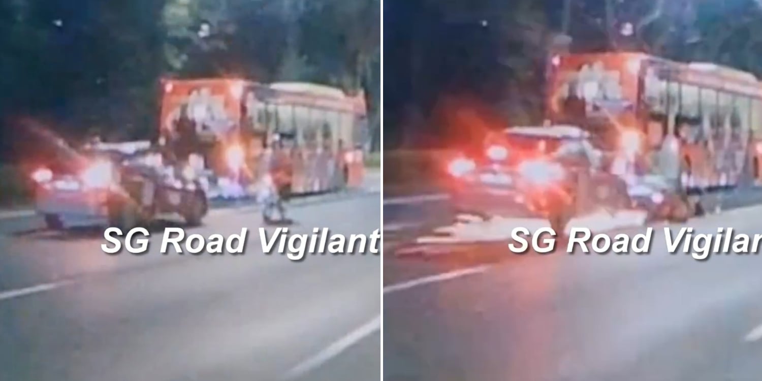 A taxi changing lanes on the PIE rear-ended a motorcycle, causing a shower of sparks as vehicle & rider fell.