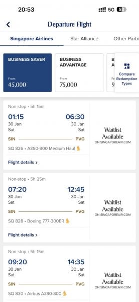 screenshot of flight availability