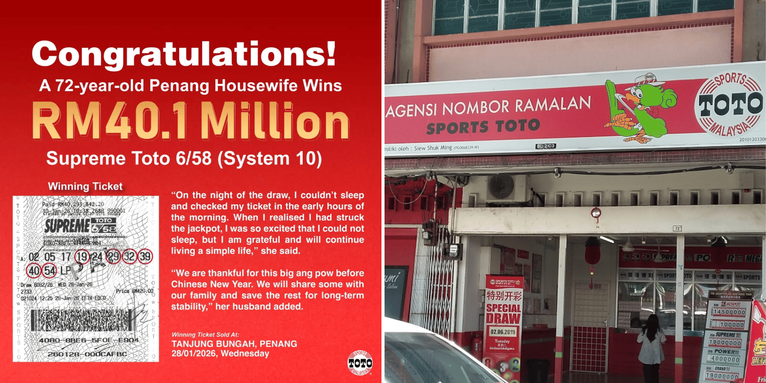A 72-year-old housewife from Penang, Malaysia, struck RM40.12 million (S$12.8M) after winning the Supreme Toto 6/58 jackpot on Wednesday (28 Jan).