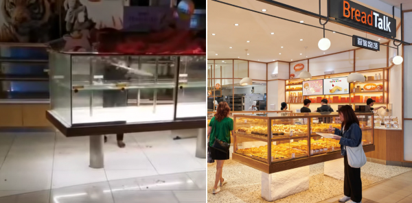 cleaner cleaning with broom (left), breadtalk (right)