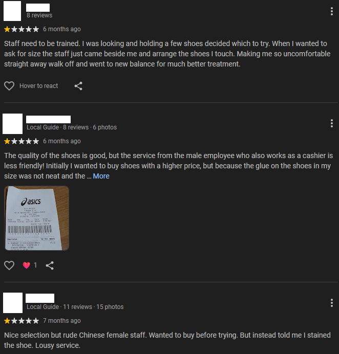 1 star reviews at asics