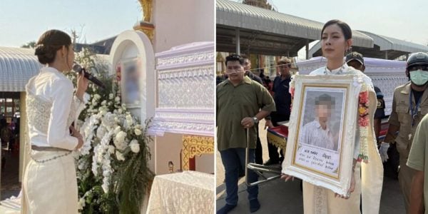 Thai bride in wedding dress sings farewell at funeral of fiancé killed in accident 10 days before wedding