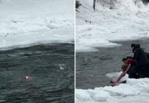 mother daughter freezing river