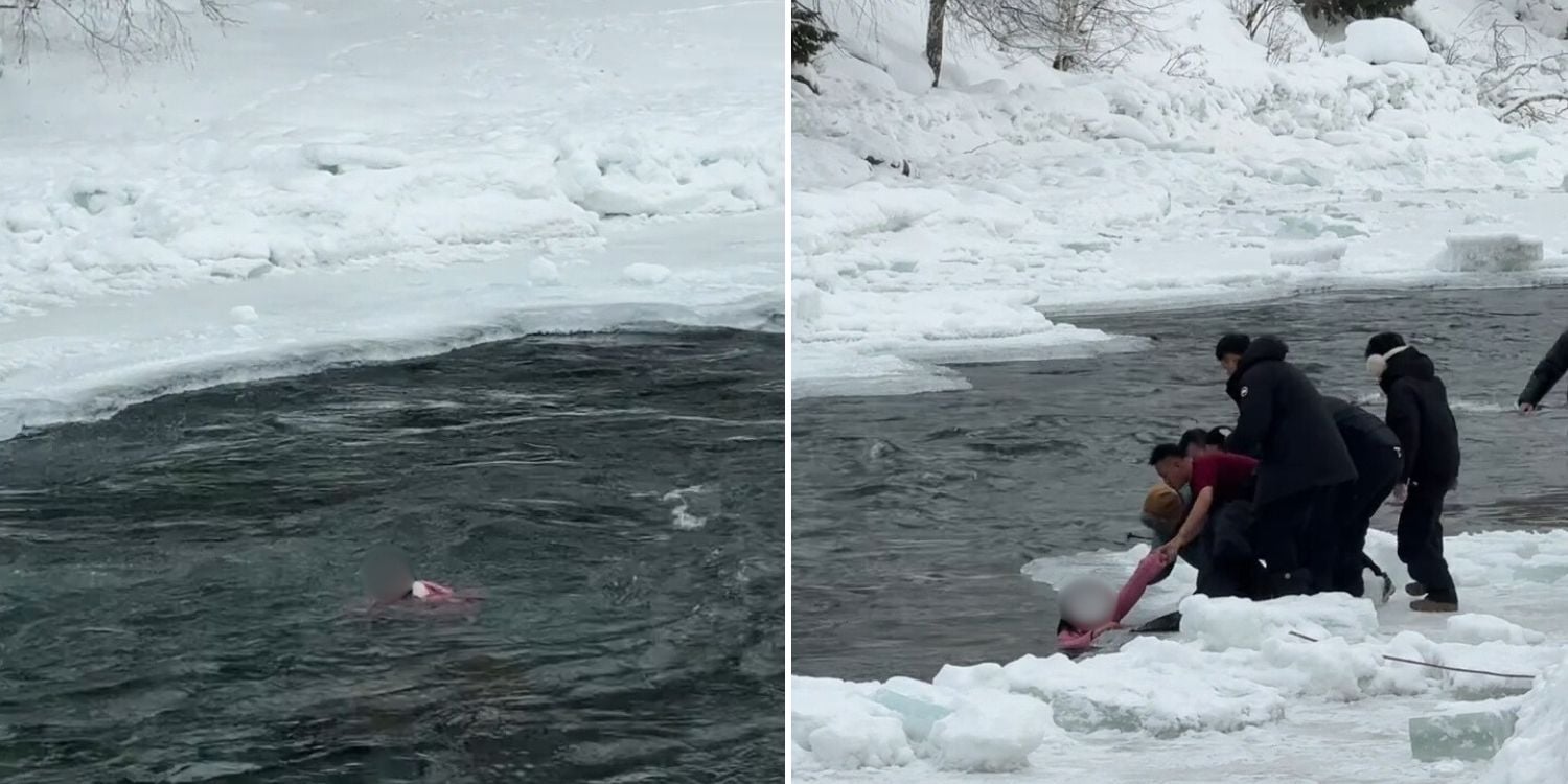 mother daughter freezing river