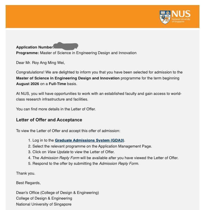 NUS acceptance letter