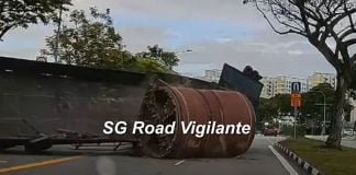 barrel falls off trailer in Sengkang