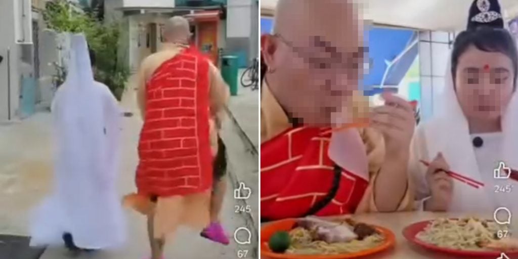 influencer dresses up as monk, eats meat and seafood in hokkien mee review