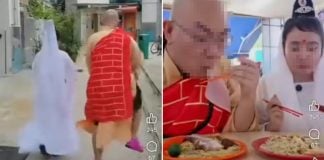 influencer dresses up as monk, eats meat and seafood in hokkien mee review