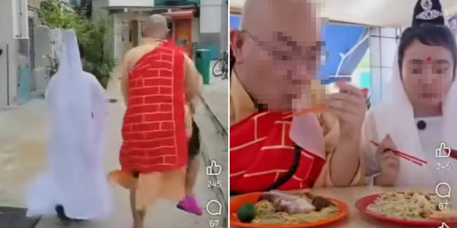 influencer dresses up as monk, eats meat and seafood in hokkien mee review
