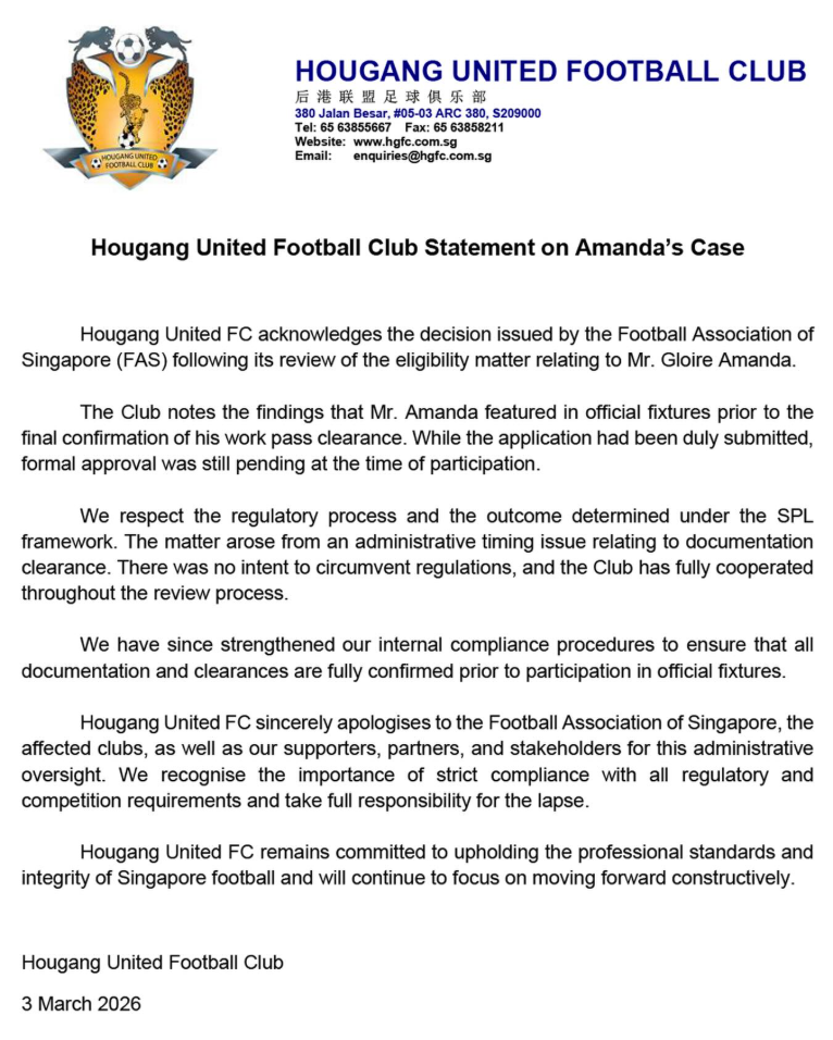 Hougang united statement