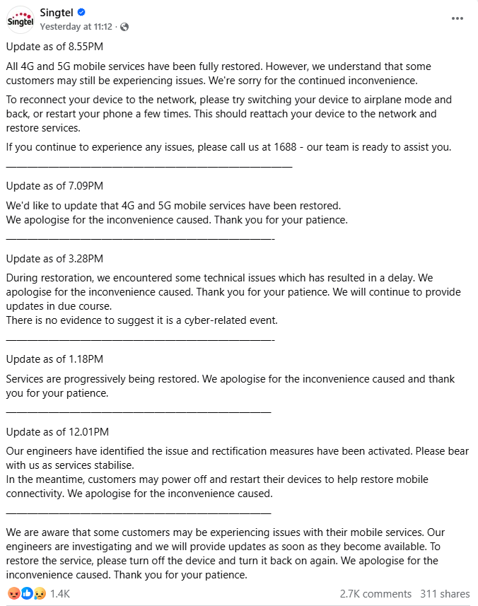 singtel disruption day 1 update thread