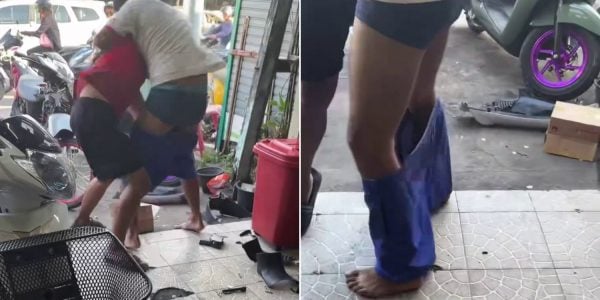 Public scuffle at mechanic shop in Thailand has man’s pants dropping to floor
