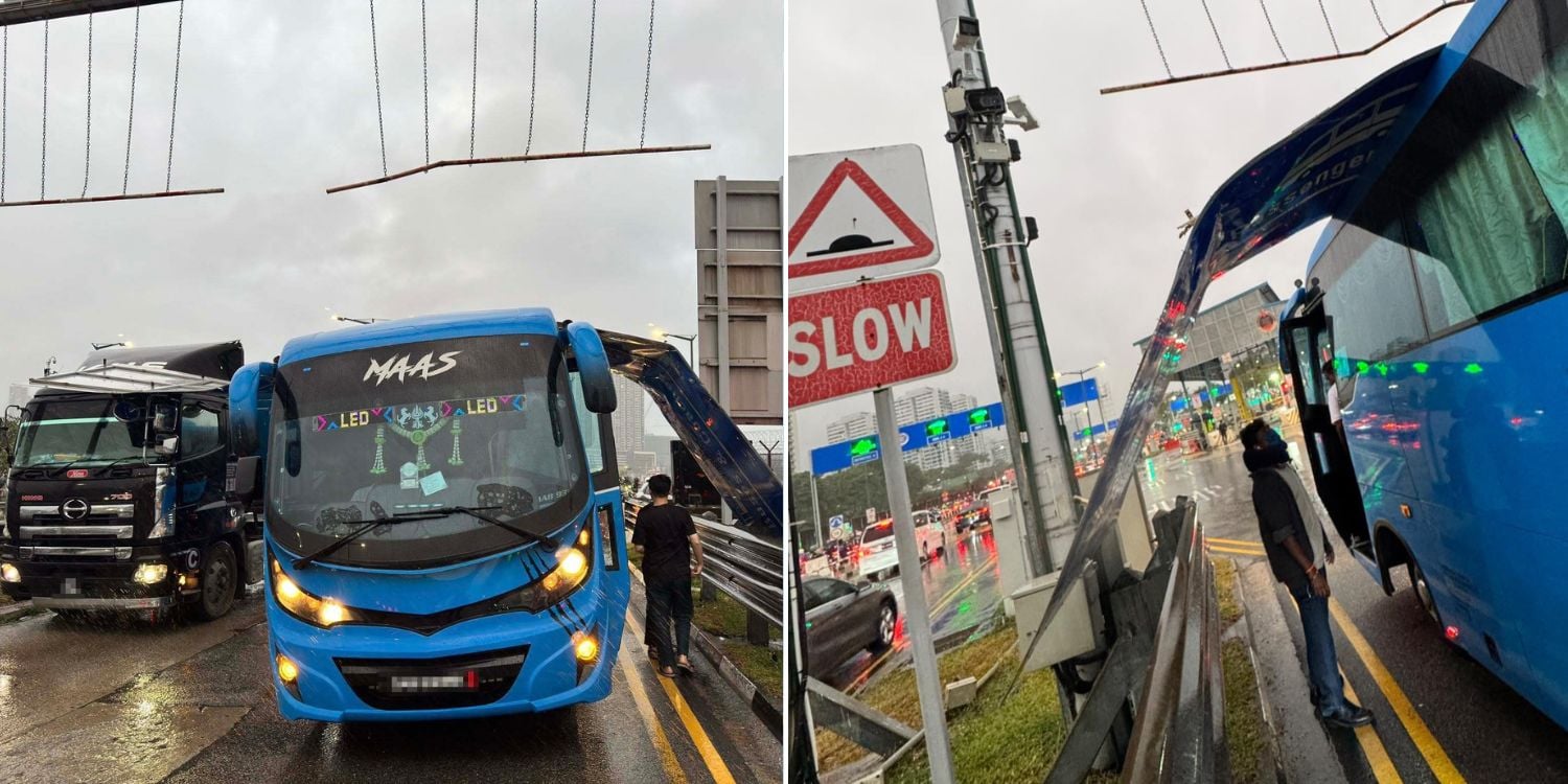 bus and lorry hit by falling sign
