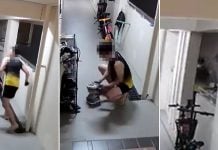 man takes children's shoes from shoe rack, throws it into rubbish chute