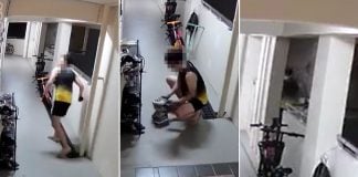 man takes children's shoes from shoe rack, throws it into rubbish chute