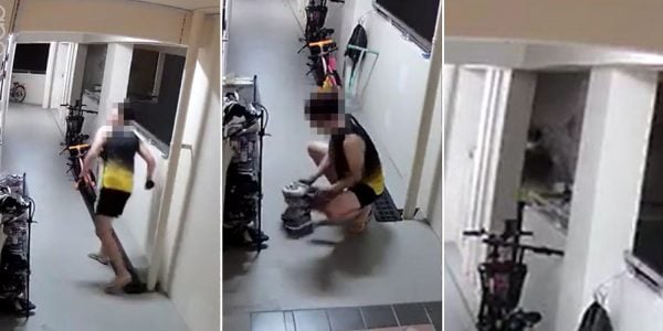 man takes children's shoes from shoe rack, throws it into rubbish chute
