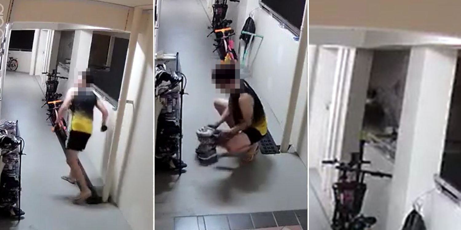 man takes children's shoes from shoe rack, throws it into rubbish chute