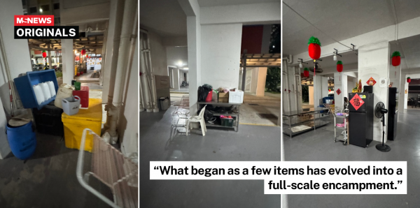 Yishun resident raises concern over void deck cluttered with fridge, tables & boxes, allegedly since 2024