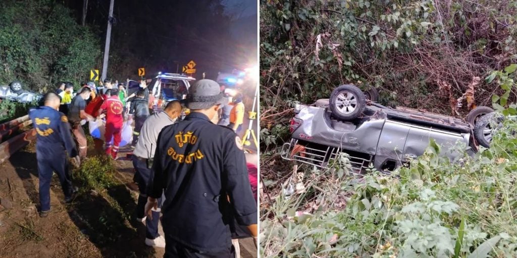 pickup truck overturns ditch