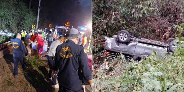 pickup truck overturns ditch