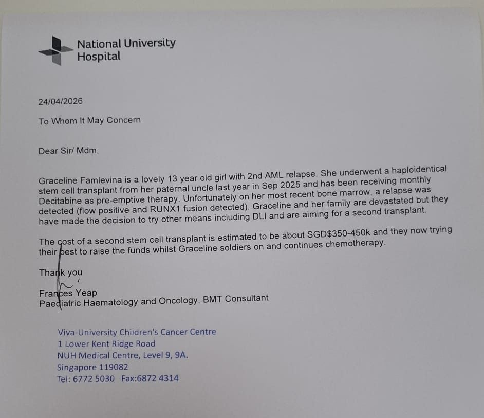 Cost of Graceline's second bone marrow transplant
