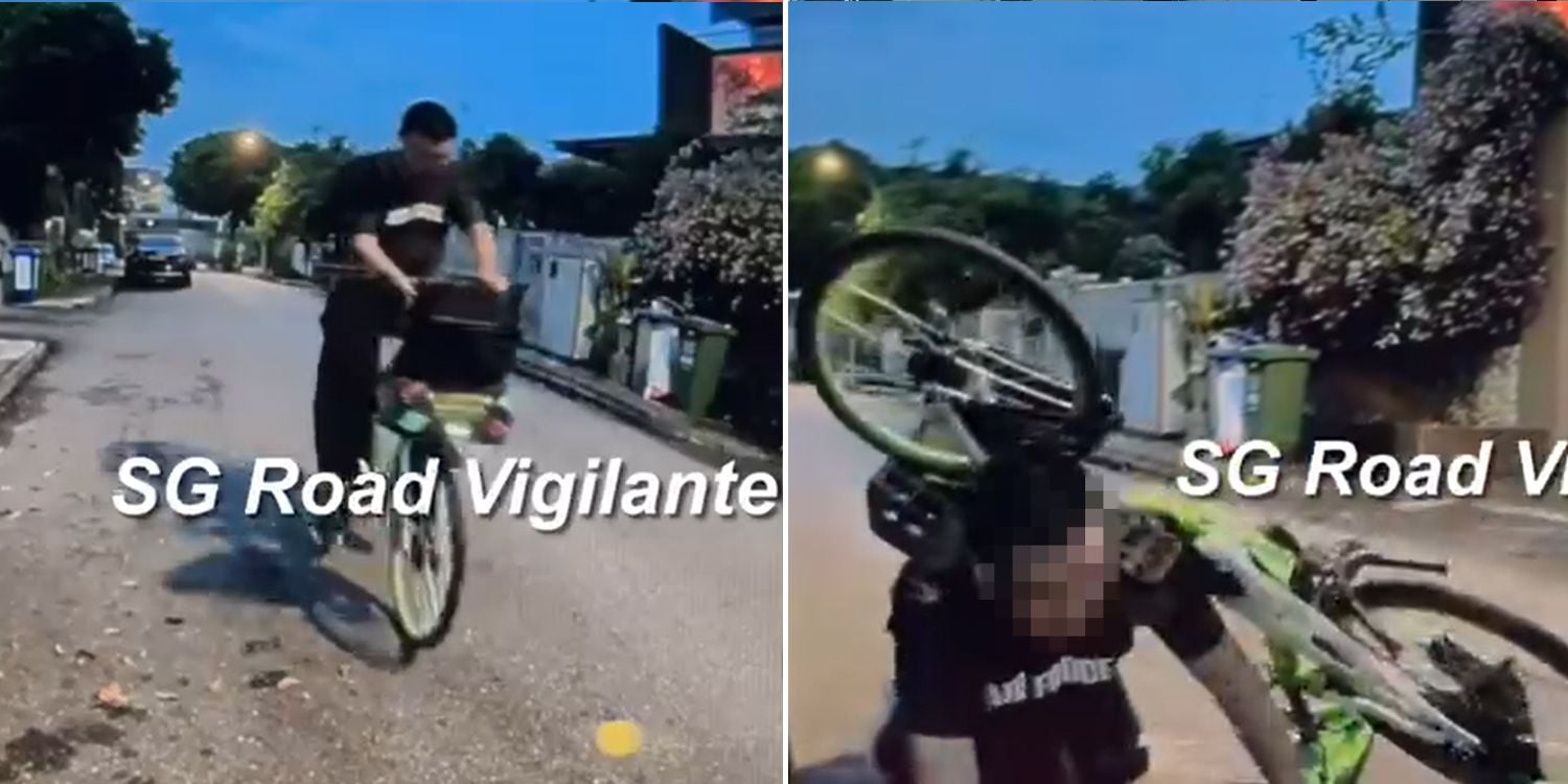 man gets distracted by phone while riding bicycle, rear-ends car and falls