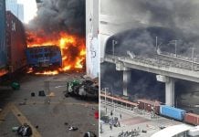 train crashes bus