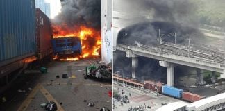 train crashes bus