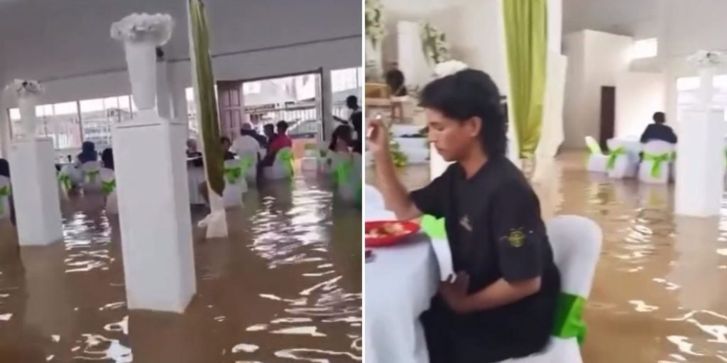 wedding guests flood