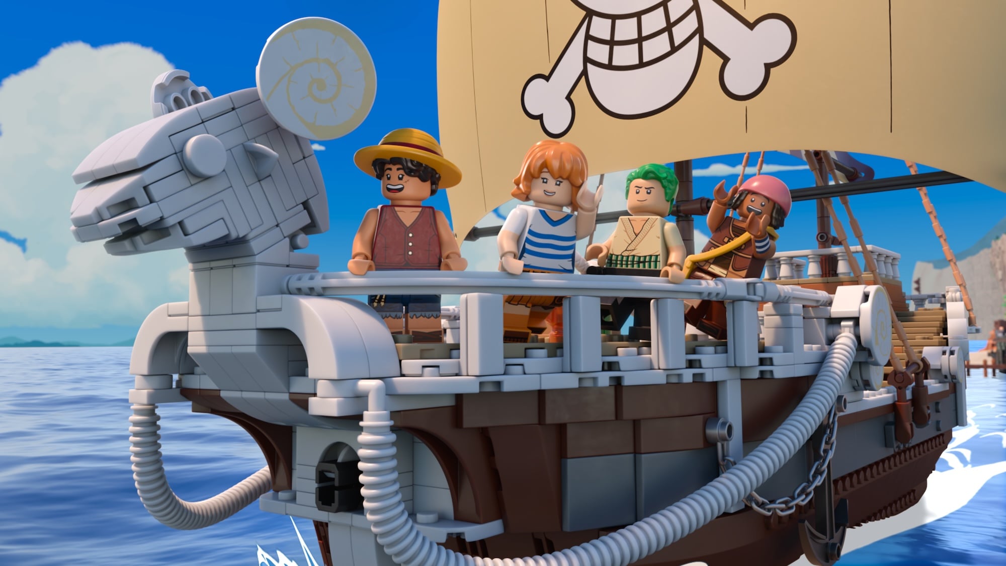 "Four LEGO minifigures stand on the deck of a detailed LEGO ship, sailing on blue ocean under a bright sky, with a skull-and-crossbones sail."