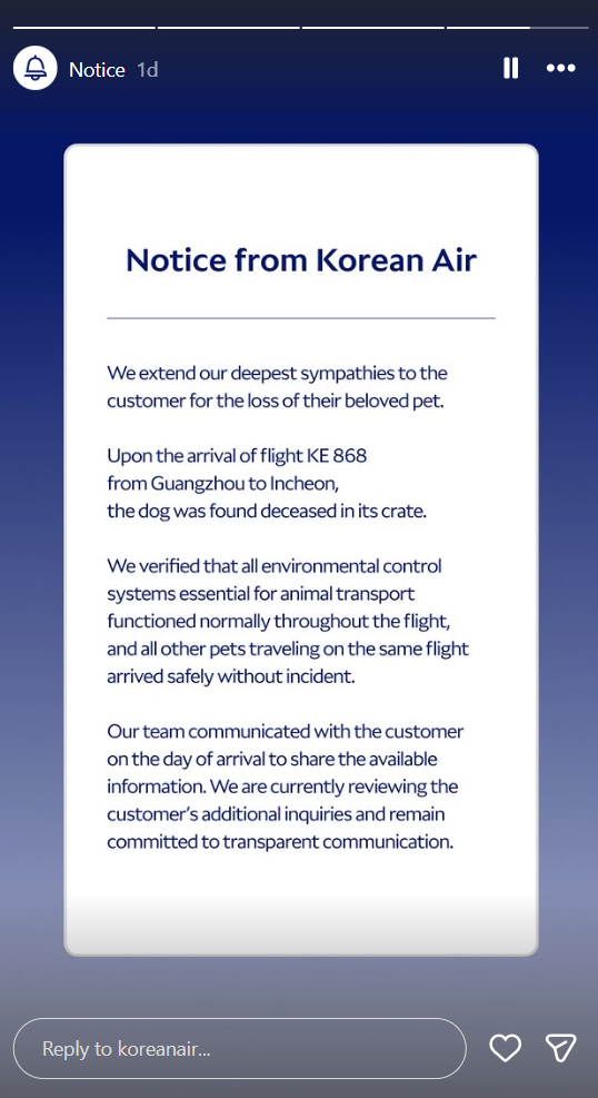 service dog dead korean air